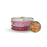 Kakato Chicken Salmon Vegetables premium pet food can with visible mixed chicken, salmon, and vegetable chunks inside.